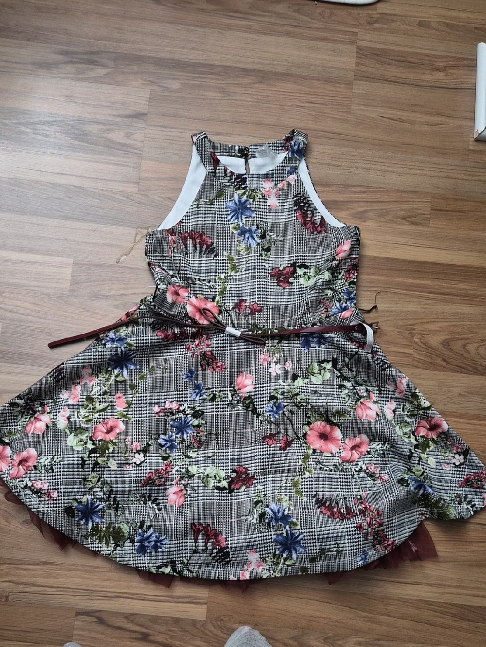 Beautees Black & White Plaid Floral Dress